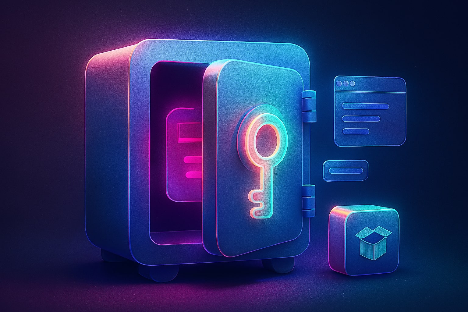 Ilustrasi kunci API dan sandbox lingkungan yang aman bergaya 3D