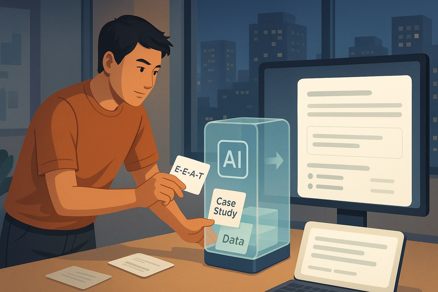 Ilustrasi SEO specialist mengisi bahan baku konten ke mesin AI Overview